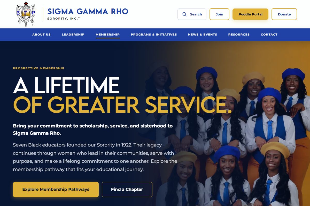 Redesigned Become a Member page with the heading A Lifetime of Greater Service, buttons for Explore Membership Pathways and Find a Chapter, and a photo of members.