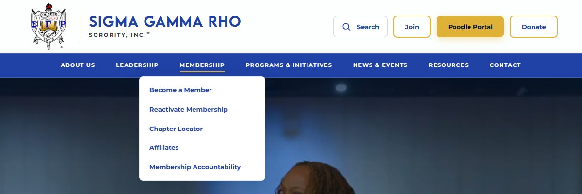 Redesigned Sigma Gamma Rho header. The Membership menu is open, listing Become a Member first, then Reactivate Membership, Chapter Locator, Affiliates, and Membership Accountability. A Join button sits beside Search, Poodle Portal, and Donate.